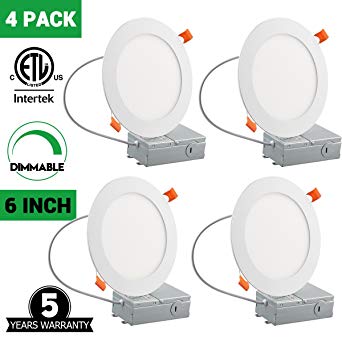 12W 6" Ultra-Thin Recessed Low Profile Slim Panel Light with Junction Box, 100W Equivalent Dimmable Airtight Downlight, 950lm 3000K Warm White, ETL-Listed, 4 Pack