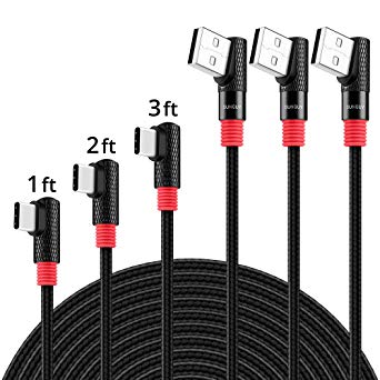 Right Angle USB C Cable,SUNGUY [3-Pack] 3FT/2FT/1FT Aluminum Alloy Nylon Braided 90 Degree USB-C Charging Data Sync Cable Samsung Galaxy S9 S8 Plus,Google Pixel 2XL,OnePlus 5T More