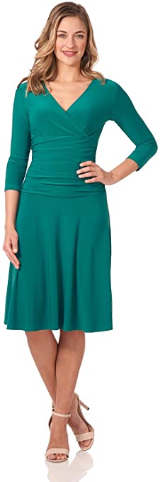 Rekucci Women's Slimming 3/4 Sleeve Fit-and-Flare Crossover Tummy Control Dress