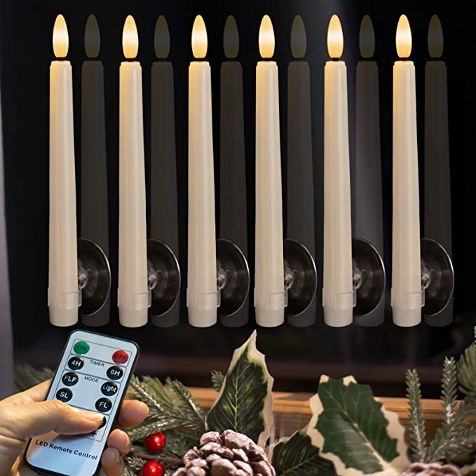 9 PCS Flameless Taper Candles Battery Operated, Realistic Flickering Window Candles with Daily Timer, Remote & Suction Cups Included,for Christmas Home Wedding Decor (Ivory)