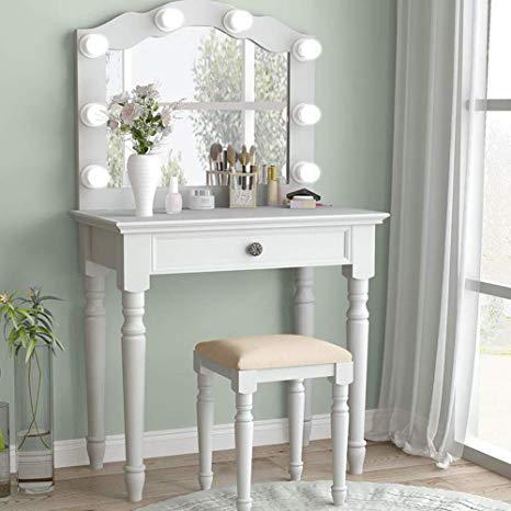 Tribesigns White Vanity Set with Lighted Mirror, Makeup Dressing Table and Stool Set with Large Drawer, Dresser Table Set for Women (White)