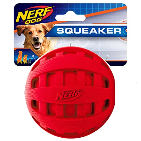 Nerf Dog Checker Squeak Rubber Ball Dog Toy, Medium/Large, Red