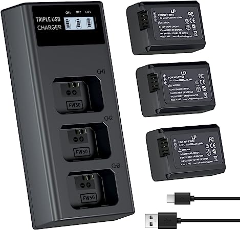 NP-FW50 Battery Charger Pack, LP 3-Pack 1200mAh Battery & Triple Slot Charger,Compatible with Sony Alpha a7,a7 ii,a7rii,a5100,a6000,a6300,a6500 Camera