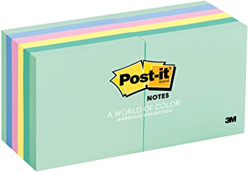 Post-it Notes, 3x3 in, 12 Pads, America's #1 Favorite Sticky Notes, Marseille Collection, Pastel Colors (Pink, Mint, Yellow), Recyclable (654-AST)