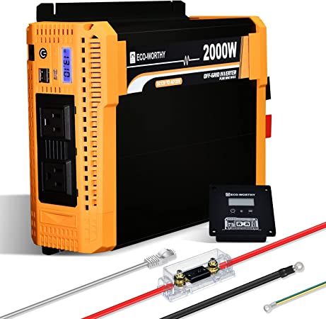 ECO-WORTHY 2000W Pure Sine Wave Inverter 12V DC to 120V AC Converter with Built-in Dual 18W USB Port, 2*AC Outlets, 1*Hardwire Terminals, 1*200A Fuse, Remote Controller for Home RV Truck Off-Grid