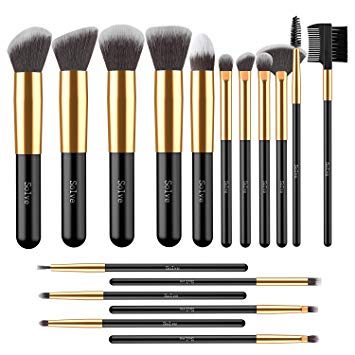 Makeup Brushes, SOLVE 17pcs Professional Kabuki Cosmetics Brush Set Foundation Powder Eye Brushes Kit Golden Black with Box