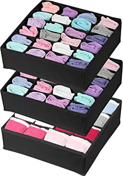 3 Pack - Simple Houseware Socks Underwear Drawer Organizer (24 24 16 cells), Black