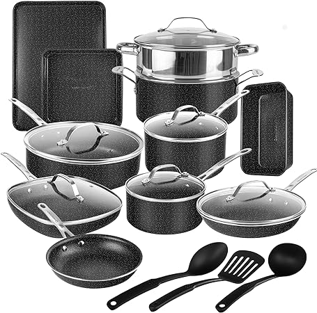 Granitestone 20 Pc Black Pots and Pans Set Non Stick, Kitchen Cookware Sets, Pot and Pan Set, Diamond Coated Non Stick Pots and Pan Set with   Utensils, Non Toxic Cookware Set, Oven & Dishwasher Safe