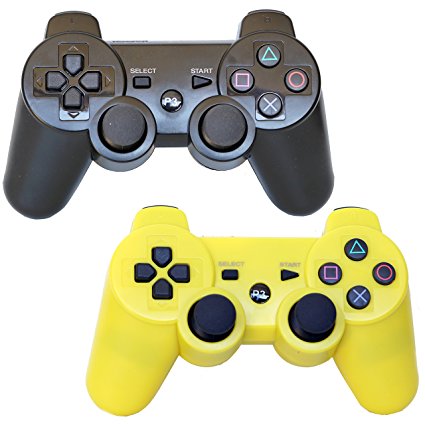 Pack of 2 Bluetooth Dual Vibration Wireless PS3 Remote Controllers For Use With Playstation 3 (Black/Yellow)