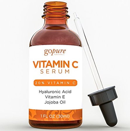 goPURE Vitamin C Serum for Face - Clinical Strength 20 - With Hyaluronic Acid Vitamin E Organic Aloe - Fades Age Spots Boosts Collagen Wrinkles Lines - Best Natural and Organic Anti Aging Serum