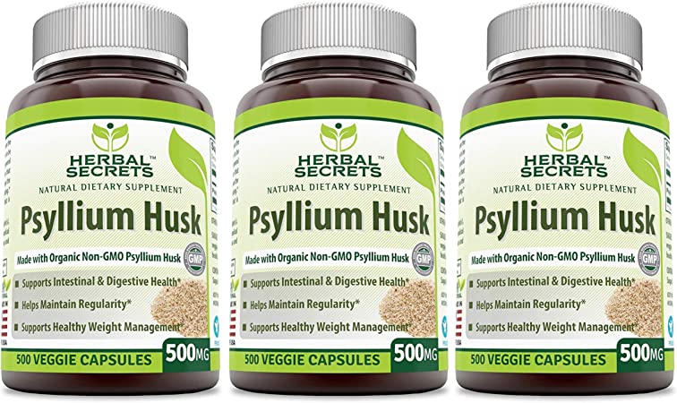Herbal Secrets Psyllium Husk 500 Mg 500 Veggie Capsules (Pack of 3-500 Capsule Bottles)