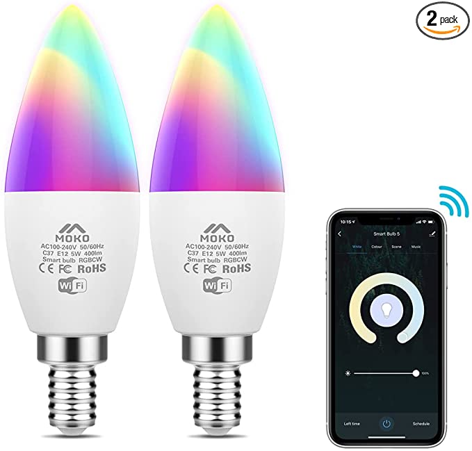 MoKo Smart Light Bulb, Color Changing Light Bulb Compatible with Alexa and Google Home Assistant, Dimmable LED Bulb C37 E12 Multicolor, No Hub, Only 2.4GHz, 2 Pack