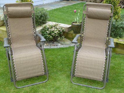 SET OF 2 Brown Relaxer Recliner Sun Lounger Garden Chairs Weatherproof Textoline Folding And Multi Position With A Headrest