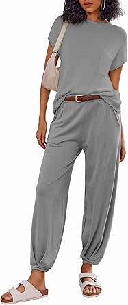 Ekouaer Women's 2 Piece Lounge Set Cap Sleeve Tops and Jogger Pants Knit Pajama Sweatsuit S-XXL