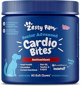 Zesty Paws Cardiovascular Support for Dogs - Taurine for Dogs, CoQ10 for Dogs, L Carnitine & Sea Buckthorn for Senior Dog Heart Health - AlaskOmega Fish Oil Omega 3 - Senior - Salmon - 90 Count