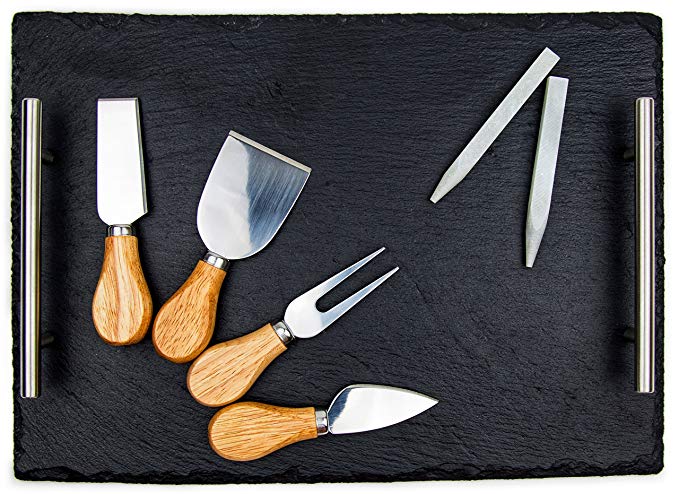 Slate Cheese Board Set | Deluxe Cheese Serving Tray With Stainless Steel Handles   4 Cheese Knives   2 Soapstone Chalk | Great for Home & Restaurant Cheese Tapas & Appetizers Serving