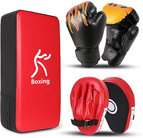 Odoland 3-in-1 Boxing Gloves Punching Mitts Kick Pack Set for Kids, Boxing Mitts Focus Pads, Taekwondo Kick Pad, Kids Boxing Gloves for Boxing, Kickboxing, Karate, Muay Thai, MMA Training