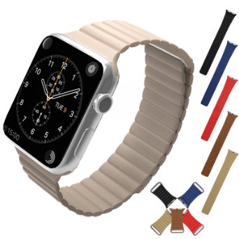 Apple Watch Band, Mr.Pro 42mm Premium Soft Leather Loop Band Magnet Lock Strap Replacement Band for Apple Watch 42mm All Models No Buckle Needed - Khaki