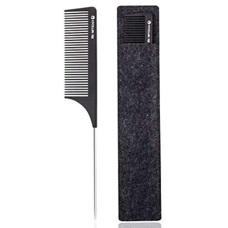 HYOUJIN 908 Black Carbon Metal Wide Tooth Pintail Teaser Comb, Rattail Lift Comb, Sharp Tail Comb with Non-skid Paddle-Perfect Lifting Fluffing-Incredibly Lightweight, Anti static, Heat Resistant