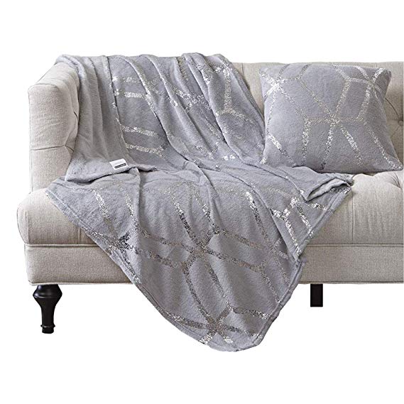 Comfort Spaces Super Soft Microplush Throw Blanket - Lightweight Bed or Couch Throw 50" x 60" with Matching Pillow Cover, Grey and Shiny Metallic Silver