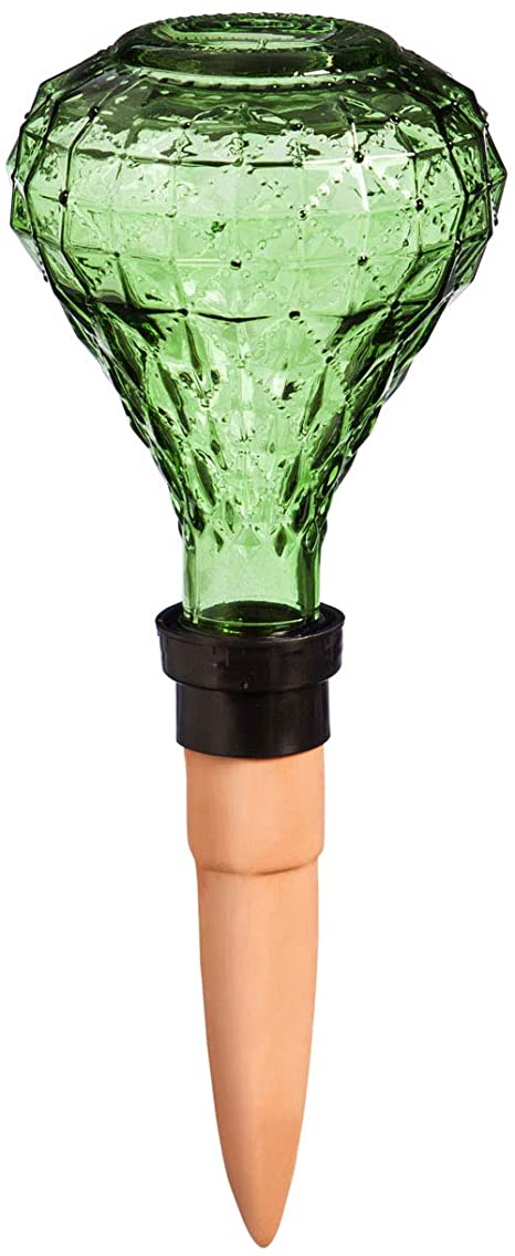 Evergreen 9" H Faceted Glass Plant Watering Globe w/Terracotta Spike, Green Garden and Yard Decor