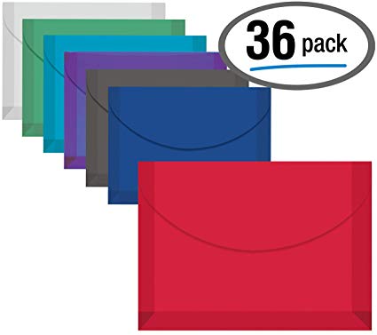 36 Plastic Envelopes, Reusable Envelopes, Small Size, 7.5 x 5.5 Inch, Assorted Colors, Transparent, Side Loading, with 1" Gusset for Extra Capacity, Hook and Loop Closure, by Better Office Products