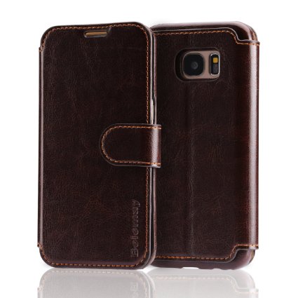Samsung Galaxy S7 Edge Case, Belemay Genuine Cowhide Leather Case Wallet, Flip Book Cover with Magnetic Closure, Stand Function, Credit Card Slot, Money Pouch for Samsung Galaxy S7 Edge - Coffee Brown