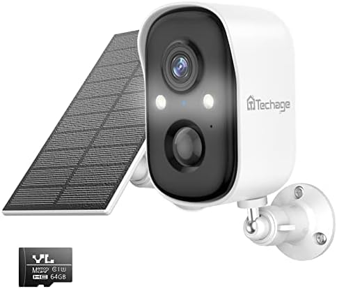 Techage Solar Camera Security Outdoor | 1080p HD, WiFi, AI PIR Motion | Color Night Vision | Spotlight Siren | 2-Way Audio | 64G-SD Card | Cloud Storage | Alexa