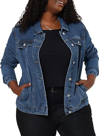 uxcell Women's Plus Size Stitching Button Front Washed Denim Jacket