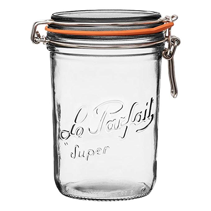 4 Le Parfait Super Terrines - New Stainless Steel Wire - Wide Mouth French Glass Preserving Jars with Straight Bodies, Glass Lids and Natural Rubber Seals - ZeroWaste Packaging (4, 1000ml - 32oz - SS)