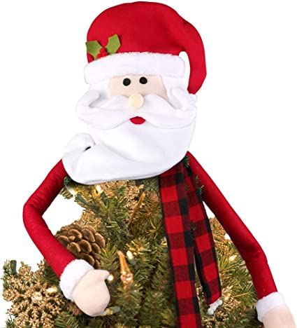 Large Christmas Tree Topper Hat Santa Claus with Buffalo Plaid Scarf for Holiday, Xmas Trees Ornament Christmas Decorations Party Supplies