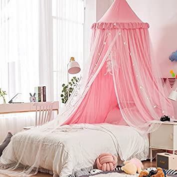 Mengersi Bed Canopy for Girls with Stars String Lights,Double Sheer Mesh Lightproof Canopy Bed Curtains Bed Netting-Extra Large for Twin Full Queen King Bed,Castle Play Tent Hanging House Decor