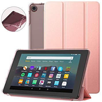 Dadanism All-New Amazon Kindle Fire 7 Tablet Case (9th Generation, 2019 Release), [Flexible TPU Translucent Back Shell] Ultra Slim Lightweight Trifold Stand Cover with Auto Sleep/Wake - Rose Gold