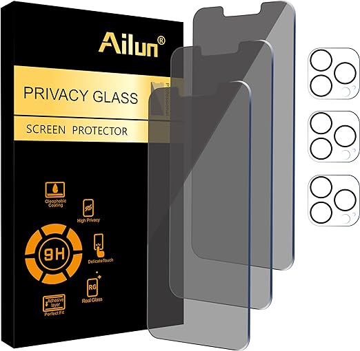 Ailun 3Pack Privacy Screen Protector for iPhone 13 Pro[6.1 inch Display]   3 Pack Camera Lens Protector, Anti Spy Private Tempered Glass Film,[9H Hardness] - HD [Black][6 Pack]