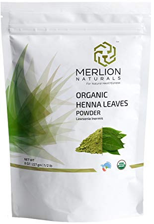 Organic Henna Leaves Powder by MERLION NATURALS | Lawsonia Inermis | 227 g / 8 OZ / 1/2 lb | USDA NOP Certified 100% Organic | For Natural Hair Color and Conditioning