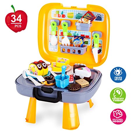 Kitchen Cutting Toys,Chef Playsets -34Pcs with Food Accessories and Kitchenware Box,Pretend Play Food Toys for Boys & Girls by Kidcia