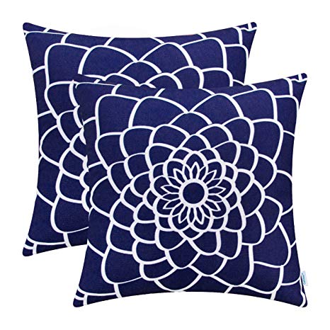 CaliTime Pack of 2 Soft Canvas Throw Pillow Covers Cases for Couch Sofa Home Decor Dahlia Floral Outline Both Sides Print 18 X 18 Inches Navy Blue
