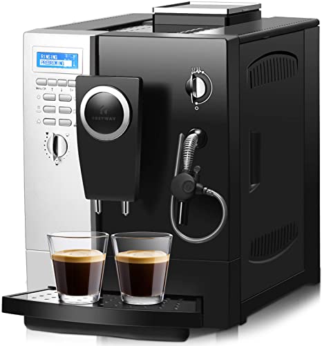 COSTWAY Super Automatic Espresso Machine, All-In-One Programmable Cappuccino, Latte and Coffee Machine with 19 Bar Espresso Pump, Easy Operate Panel and 2L Removable Water Tank, Compact Coffee Maker with Milk Frother for Office, Home, 1200W