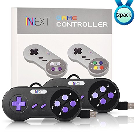 iNNEXT SNES Retro USB Super Nintendo Controller, USB PC Controller, Raspberry Pi Controller for Windows PC / MAC / Raspberry Pi (Black/Purple)(2 Pack)