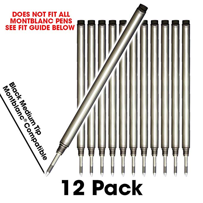 Jaymo - 12 - Black Montblanc Compatible Rollerball Pen Refills - Smooth Writing German Ink and Medium Tip - Compare to Montblanc 105158/107877/MNB15158