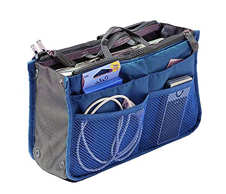 Nylon Handbag Insert Comestic Gadget Purse Organizer with Free Hoxis Gift Pouch(NAVY)