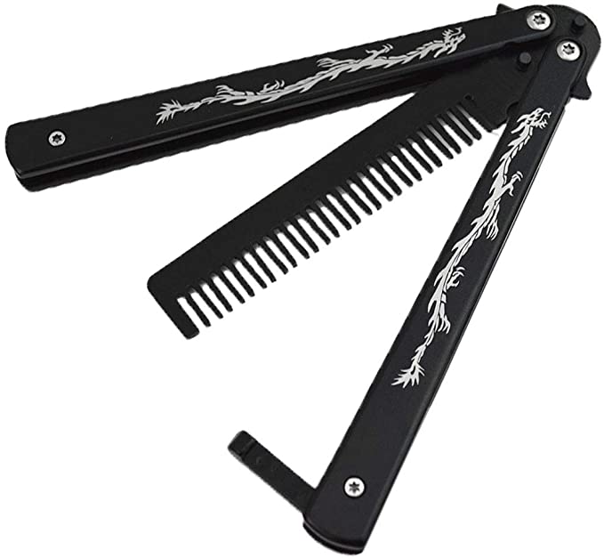 XBC Tech Dragon Totem Stainless Steel Practice Butterfly Knife Trainer and Comb Knife Trainer (Black)