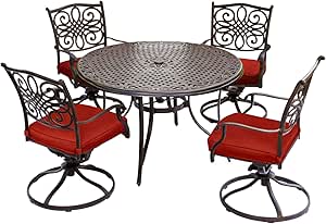 Hanover Traditions 5-Piece Patio Dining Set with Rust Resistant 48'' Round Dining Table and 4 Swivel Rocker Chairs with Plush Weather Resistant Autumn Berry Red Cushions, Modern Outdoor Dining Set