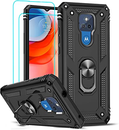 LeYi for Motorola Moto G Play 2021 Case with 2 Pack Tempered Glass Screen Protector, Ring Kickstand for Men Military Bumper Hard TPU Shockproof Full Body Silicone Protective Cover for Moto G Play 2021 Black