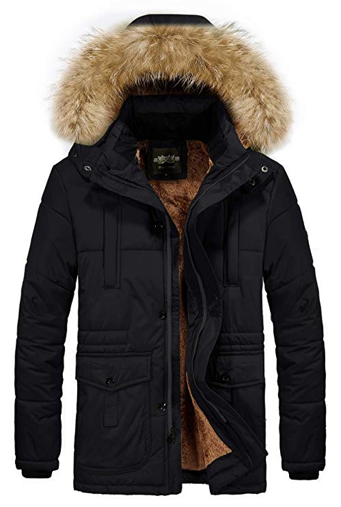 RongYue Men's Winter Thicken Coat Faux Fur Lined Quilted Jacket with Removable Fur Hood