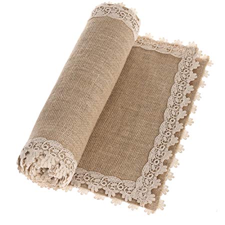 Ling's moment Burlap Table Runners 12 x 60 Inches with Lace Hem, Rustic Country Barn Wedding Party Decoration Farmhouse Decor