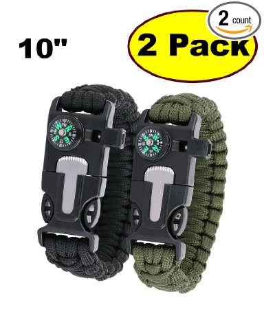 JJMG 5 in 1 Multifunctional Paracord Bracelet with Compass Flint Fire Starter Scraper Whistle- Choose Length10", 9", 8"- 2 Pack
