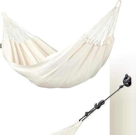 LA SIESTA® Modesta Organic Cotton Hammock & WallMount, Hammock Suspension Kit for Walls Ceilings & Square Beams - Indoor Outdoor Hammock, Patio Hammock Bed Portable Hammock - Single Hammock, Latte