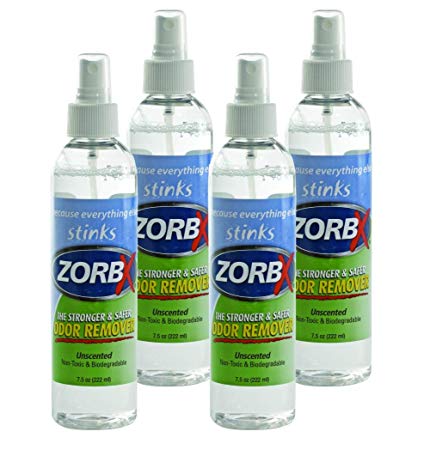 ZORBX Unscented Multipurpose Odor Remover –Safe for All, Even Children, No Harsh Chemicals, Perfumes or Fragrances, Stronger and Safer Odor Eliminator Works Instantly (7.5 oz, 4 Pack)