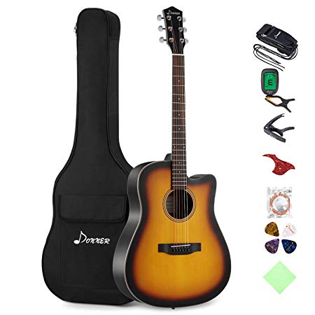 Donner Cutaway Sunburst Acoustic Guitar Package DAG-1S Beginner Guitar Kit With Bag Tuner Strap String Picks